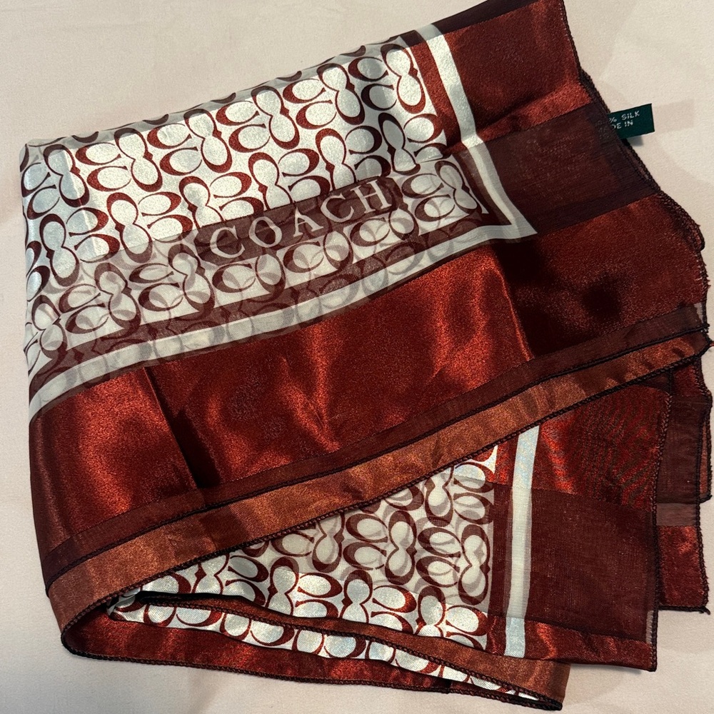 Vintage Coach Ivory and Deep Red Signature Silk Square Scarf